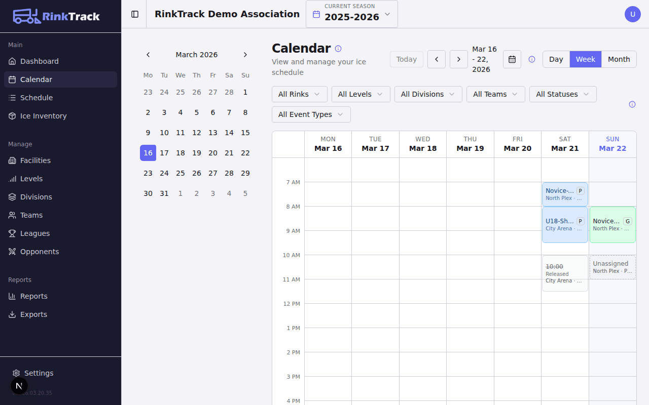 RinkTrack calendar weekly view showing ice slots assigned to different teams