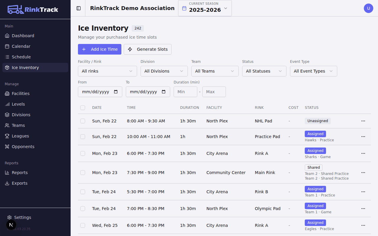 RinkTrack ice inventory table showing purchased ice slots