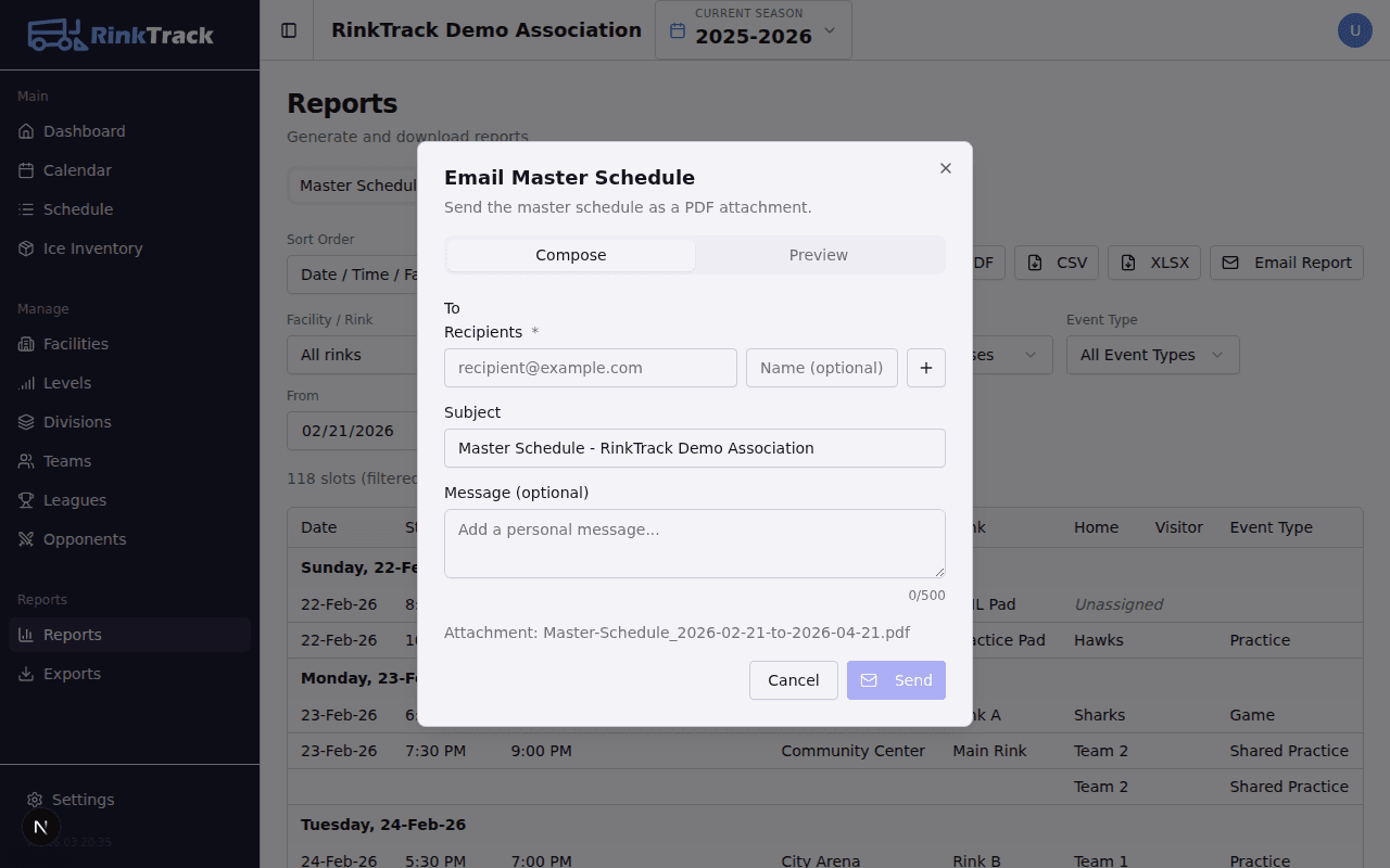 RinkTrack reports page with email delivery dialog open