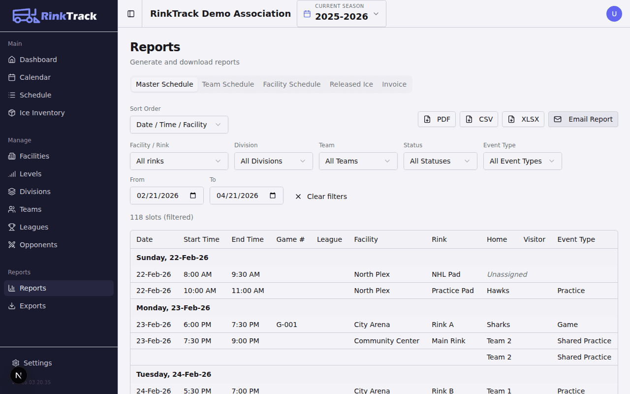 RinkTrack generated schedule report for a team