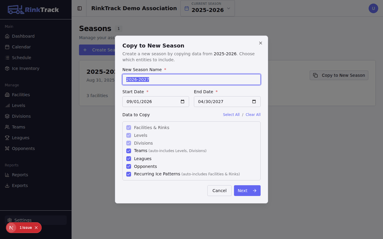 RinkTrack copy to new season dialog