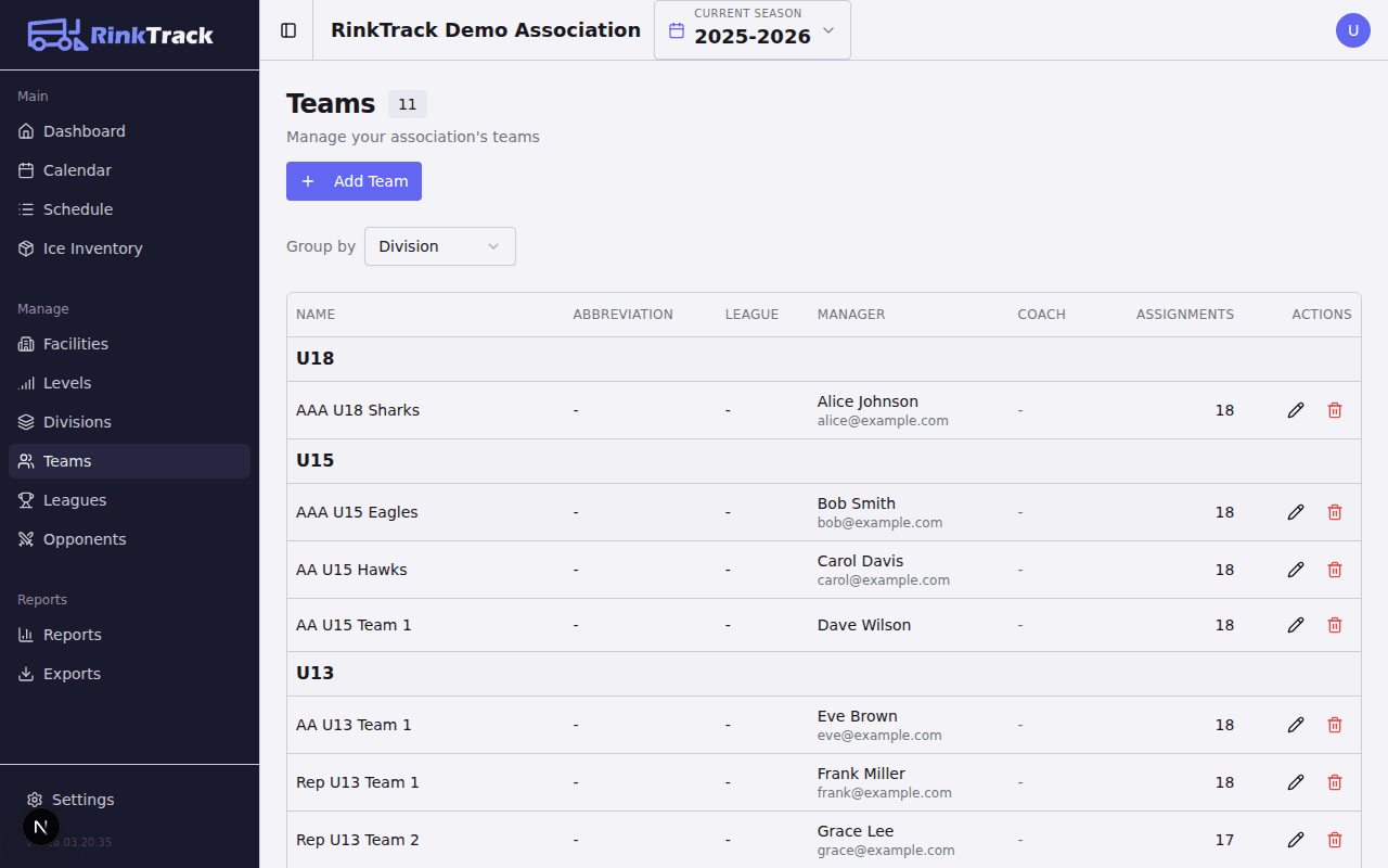RinkTrack teams page showing teams grouped by division and category
